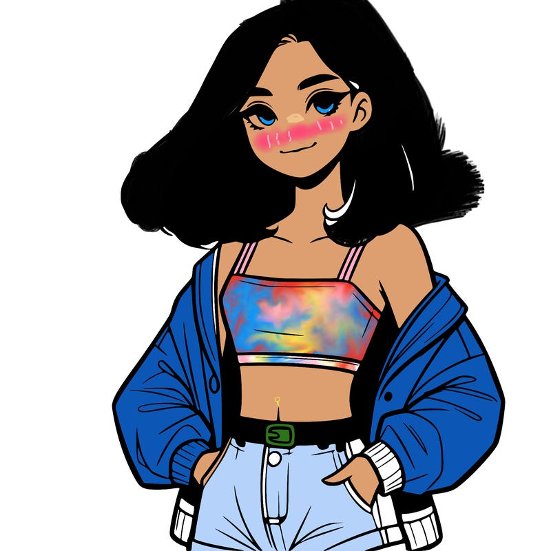 a realistic girl with a crop top and short shorts in an open jacket