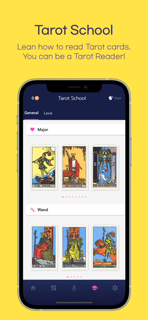 Answer Me Tarot Card Reading - Uma interface de aplicativo móvel intitulada Tarot School mostrando linhas de cartas de tarot, incluindo os Arcanos Maiores e o naipe de Paus, para fins de aprendizado.