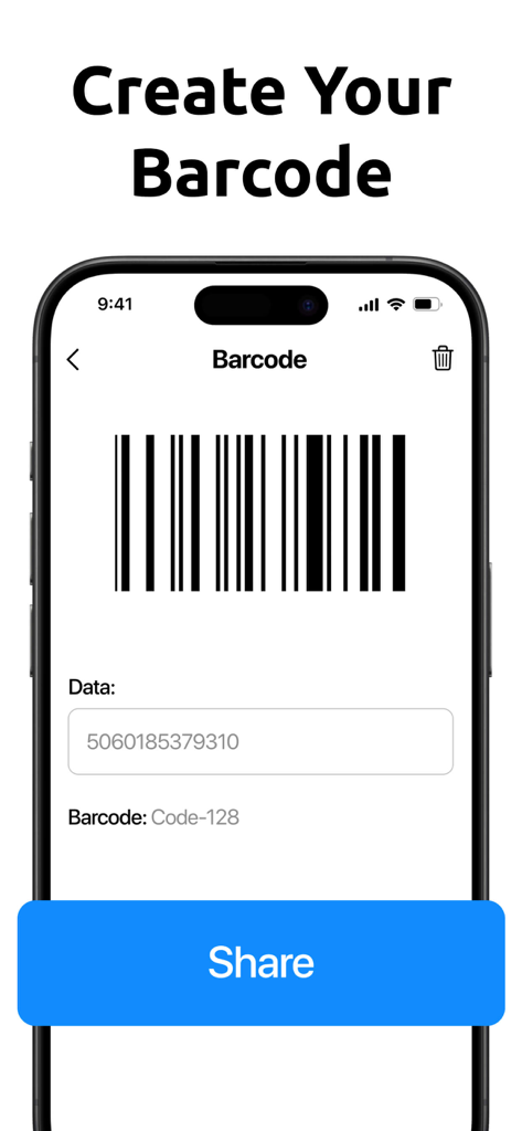 An iPhone screen displaying the barcode creation tool with a Code-128 barcode and a share button.