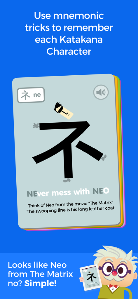 Dr. Moku's Katakana Mnemonics - A visual mnemonic flashcard for the Katakana character ne using an illustration of Neo from The Matrix.