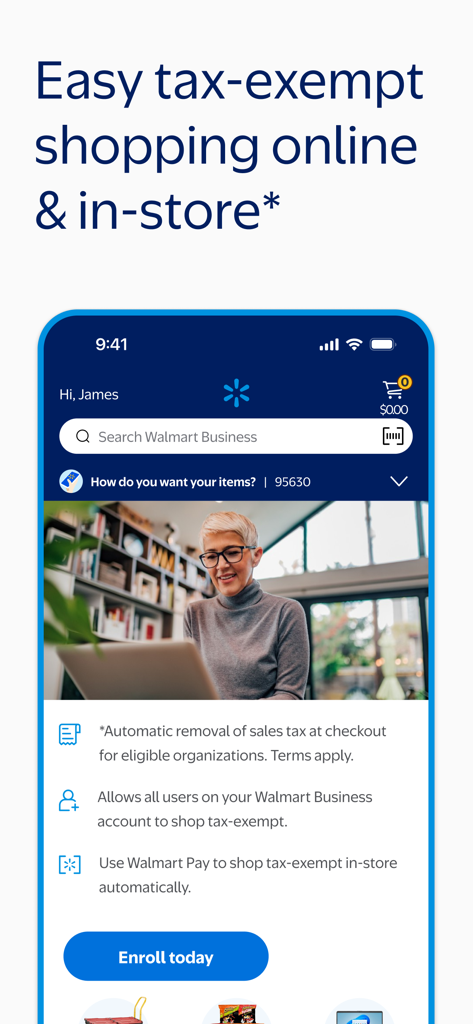Walmart Business app interface showing tax exempt shopping features for online and in store purchases