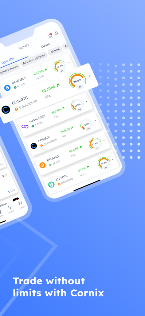 Smartphone screen displaying Cornix app crypto trading signals and bot performance metrics