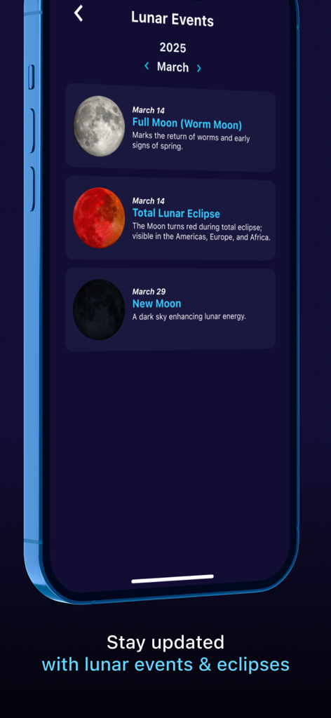 Moon Zoom Pro: Camera 100x - Interfaz de la aplicación Moon Zoom Pro que muestra el calendario de eventos lunares con detalles de luna llena y eclipses.