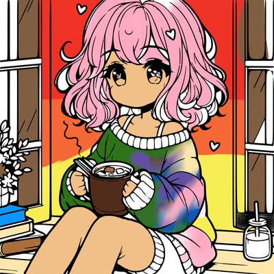 cute anime girl reading book and drinking hot chocolate from mug with loose wavy hair wearing a baggy sweatshirt and shorts sitting by windowsill looking out