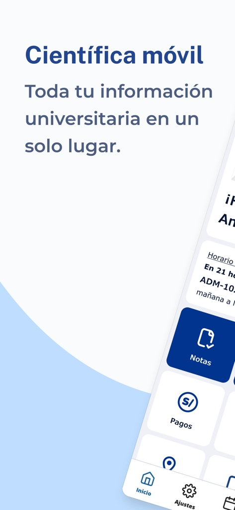 Científica Móvil - Pantalla de inicio de la aplicación Científica Móvil que muestra opciones del portal de estudiantes universitarios para calificaciones y pagos