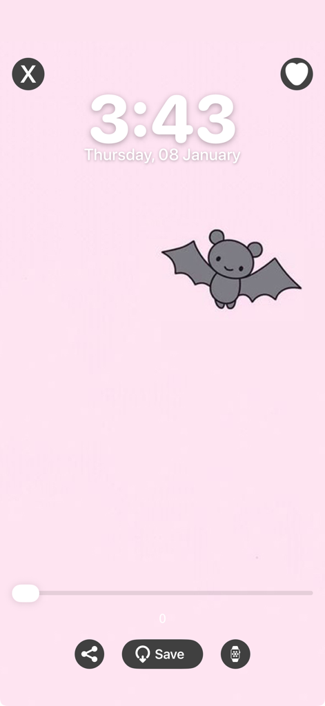 A cute grey cartoon bat on a light pink aesthetic wallpaper background.