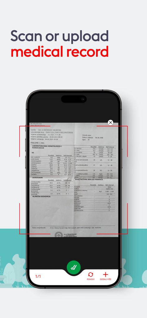 Meddox - A smartphone using the Meddox app to scan a paper medical report for digital storage.