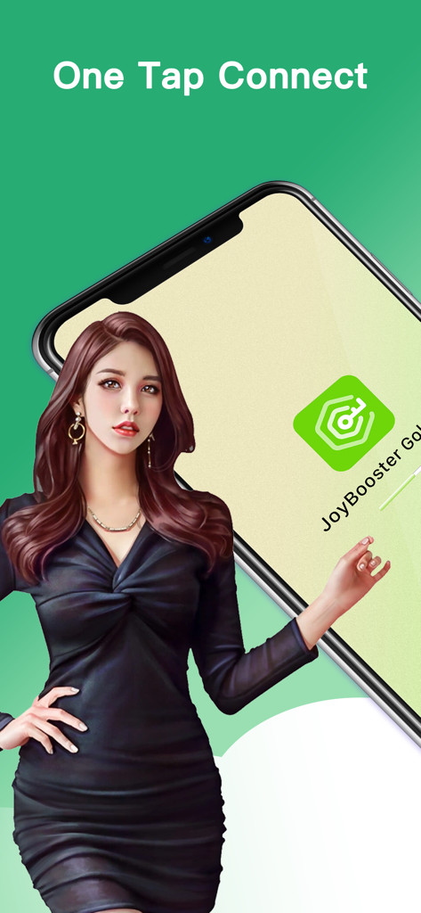JoyBooster Golden - VPN Proxy - Interfaz de la app VPN JoyBooster Golden con función de conexión de un toque e ilustración estilizada de personaje femenino