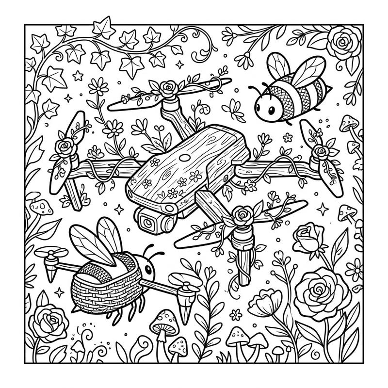 Experience a delightful fusion of technology and nature with this unique Cottagecore Drones coloring page. Adorned with delicate flowers and charming woodland elements, it's a perfect blend of rustic charm and futuristic whimsy.