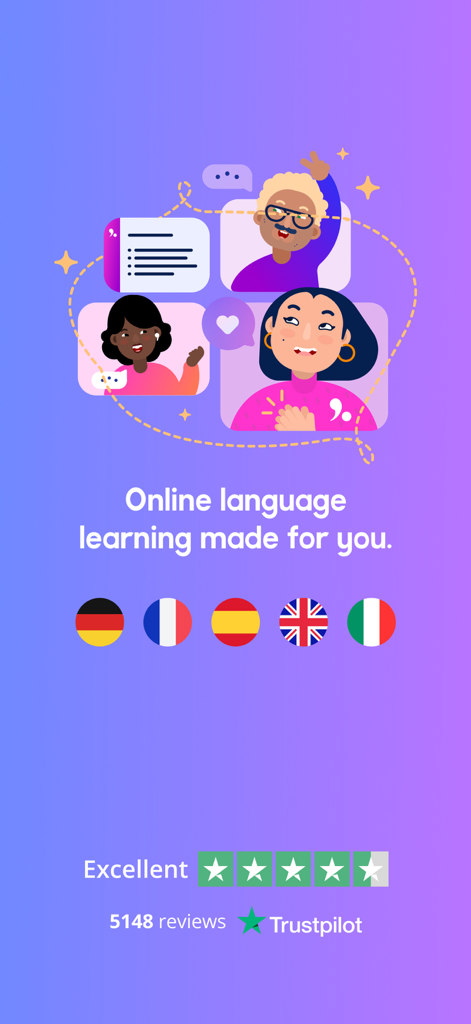 Lingoda : Language Learning - Lingoda App Startbildschirm mit Online-Sprachkursen mit muttersprachlichen Lehrern und exzellenten Trustpilot-Bewertungen