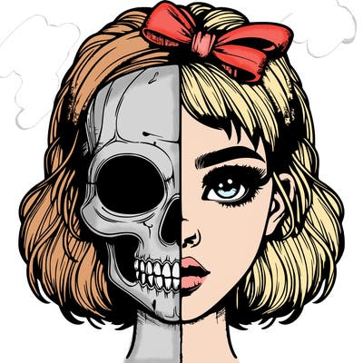 realistic girl with half skull mask