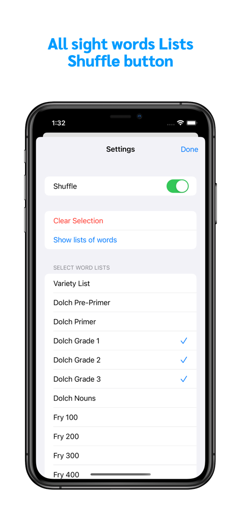 Sight Words Flash Cards - Screenshot of the settings menu in the Sight Words Flash Cards app showing options to shuffle words and select from Dolch and Fry word lists.
