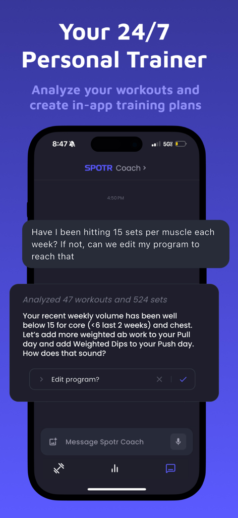 Spotr: Strength Training - Spotr app interface showing the AI Coach chat feature providing personalized training plan adjustments and workout analysis.