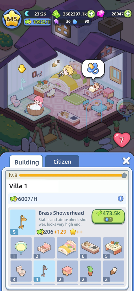 Gameplay of Happy Citizens Mayor Sim showing a cozy villa interior and furniture building menu