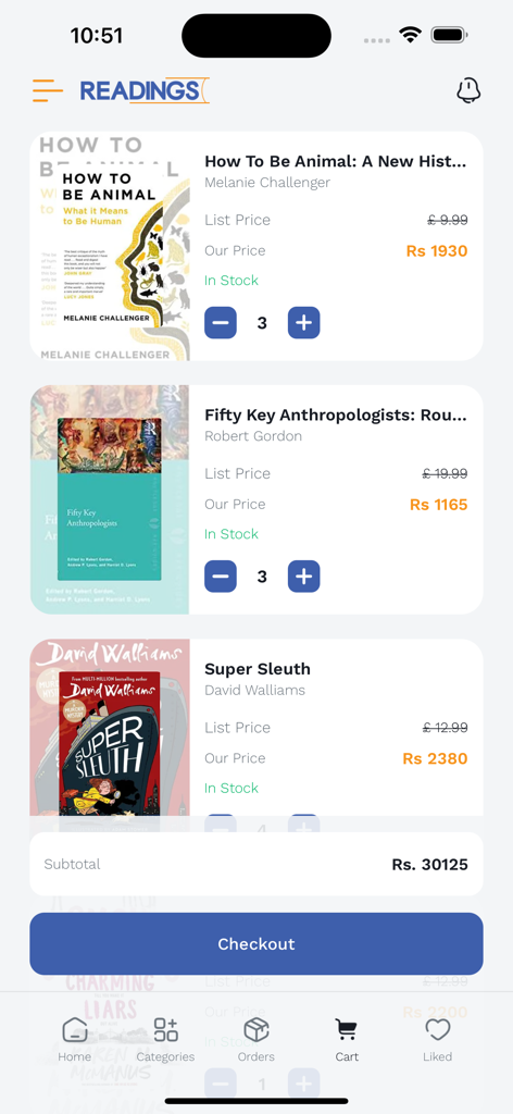 Readings App - Pantalla de pago de la aplicación Readings que muestra una lista de libros en el carrito