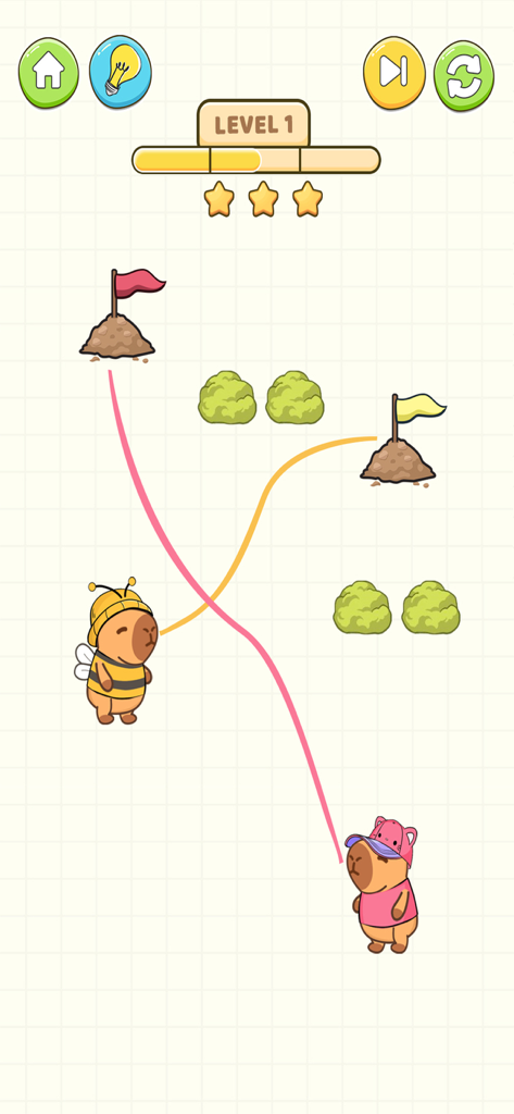 Level 1 gameplay of Capy Rush Race showing two costumed capybaras with paths drawn toward flags
