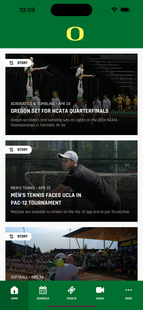 Go Ducks Gameday - The home screen of the Go Ducks Gameday mobile app featuring news stories for Oregon sports like tennis and acrobatics.