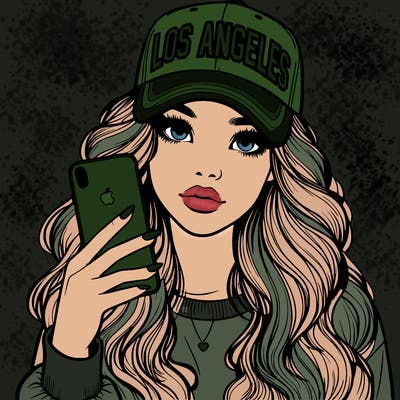 realistic beautiful girl wearing los ángeles cap holding an iphone
