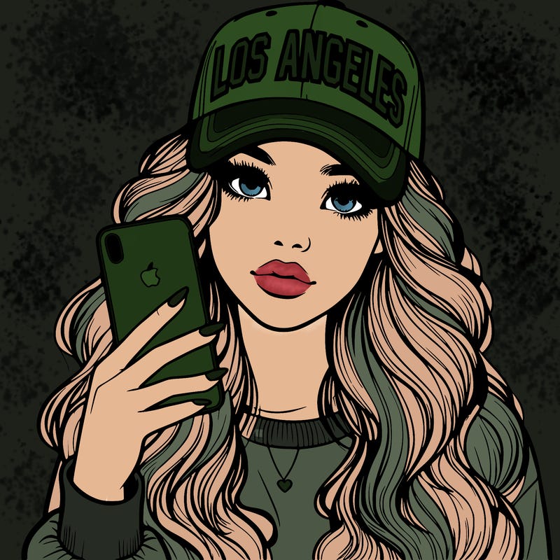 realistic beautiful girl wearing los ángeles cap holding an iphone
