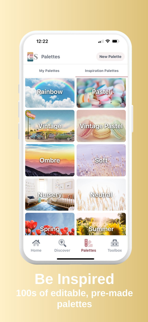 Crochet Studio app screen showing a grid of editable pre-made color palettes for yarn projects.