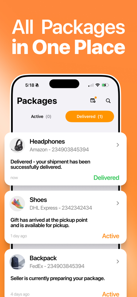 Package Tracker & Track Parcel - Painel do aplicativo móvel mostrando o status de rastreamento de vários pacotes de diferentes transportadoras.