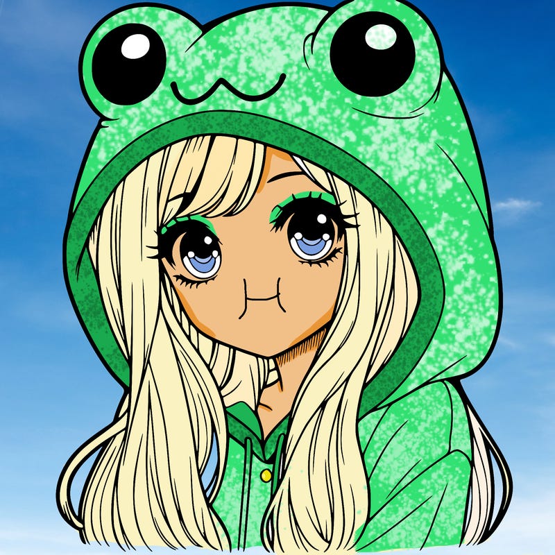 a pretty girl wearing a frog hoodie portrait with long hair