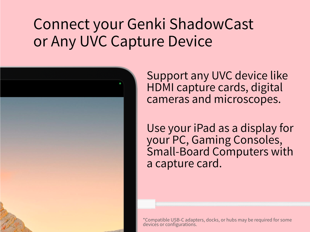 iPad display connected to a UVC capture device for gaming and professional use