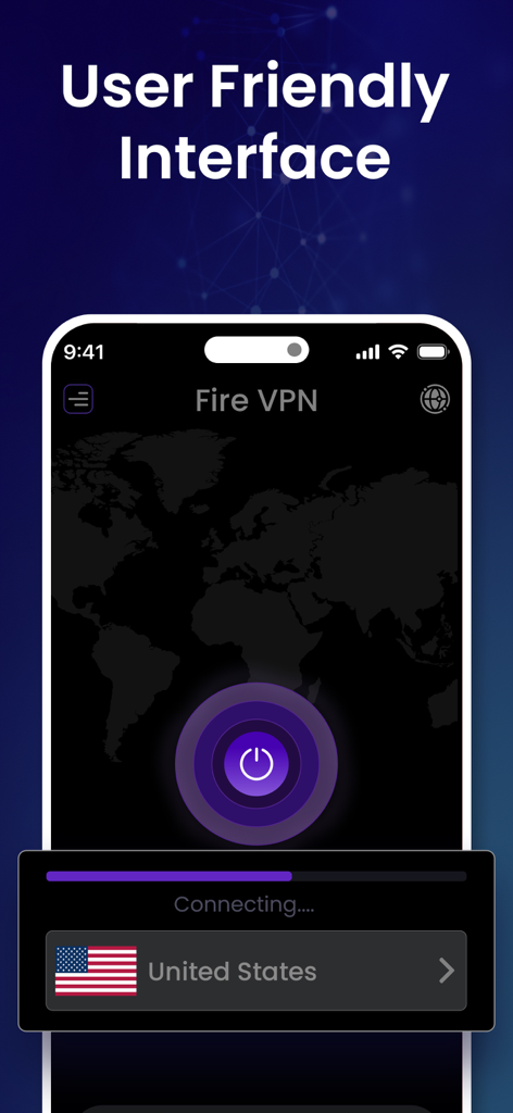 Fire VPN: Fast, Safe, Private - Fire VPN user friendly interface showing the connection screen to a United States server.