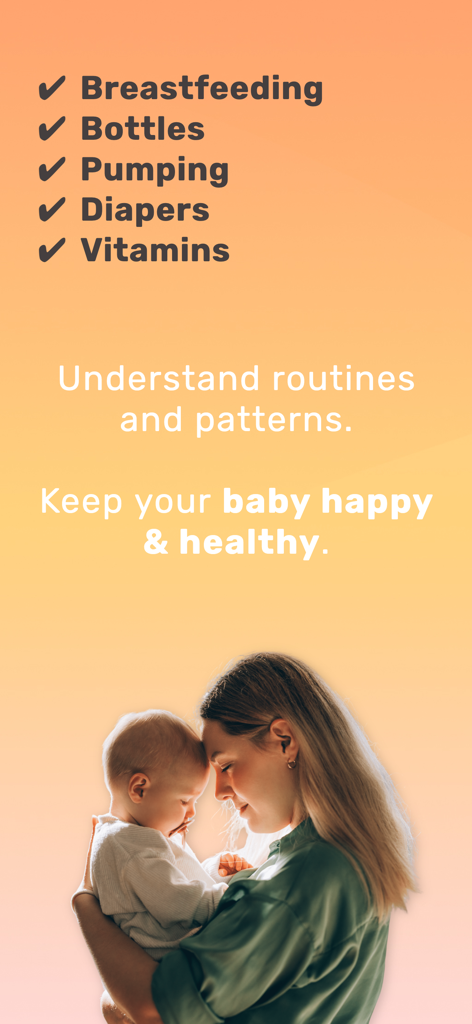 Baby Feeding Tracker NooraBaby - 授乳、哺乳瓶、搾乳トラッカーを含む機能の概要。母親が赤ちゃんを抱いている画像付き。