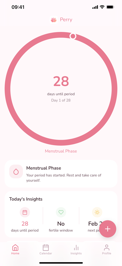 Period & Cycle Tracker - Perry - Minimalist dashboard of Perry period tracker showing menstrual phase and cycle predictions