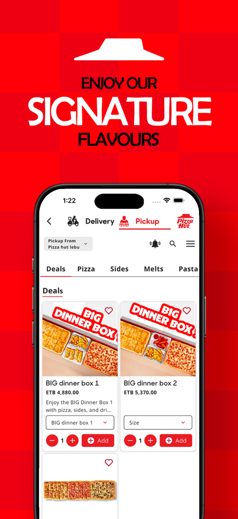 Pizza Hut Ethiopia - Pizza Hut Ethiopia mobile app interface showing signature flavors and big dinner box deals.