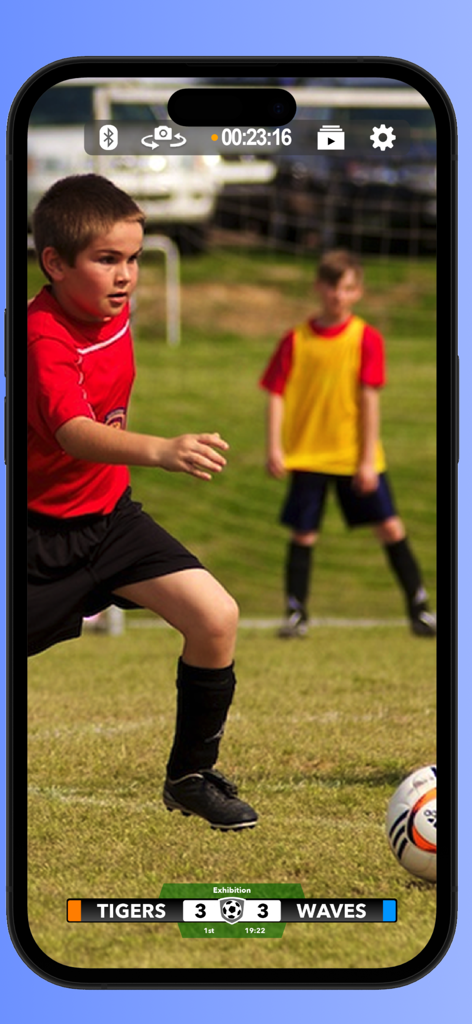 ScoreCam - Embedded Scoreboard - ScoreCam app interface showing a youth soccer match with an embedded live scoreboard