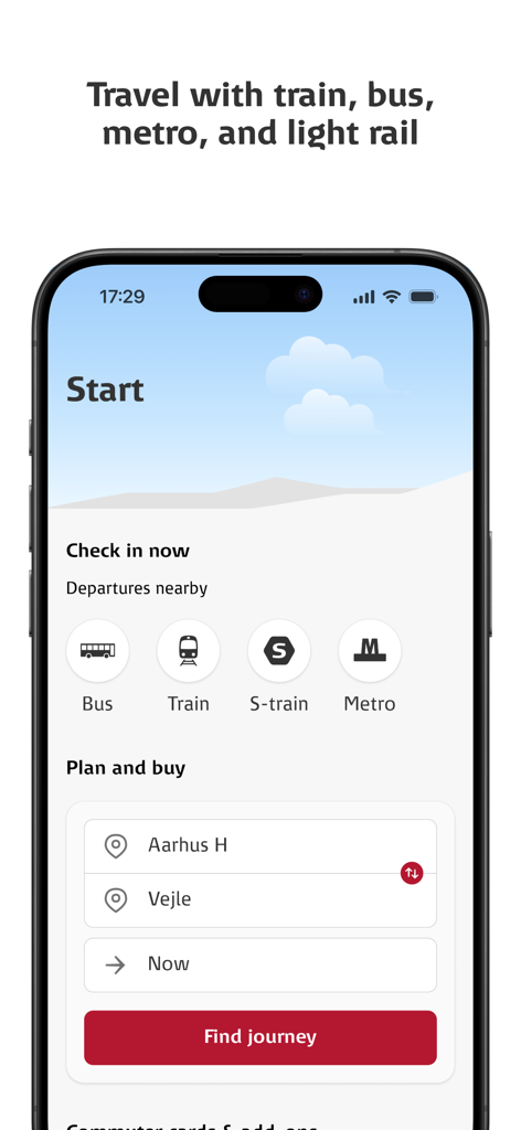 DSB mobile app start screen for planning train bus and metro travel in Denmark