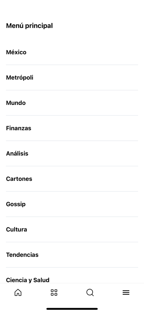 OEM Noticias - Main navigation menu of the OEM Noticias app showing categories such as Mexico World Finance and Culture in Spanish