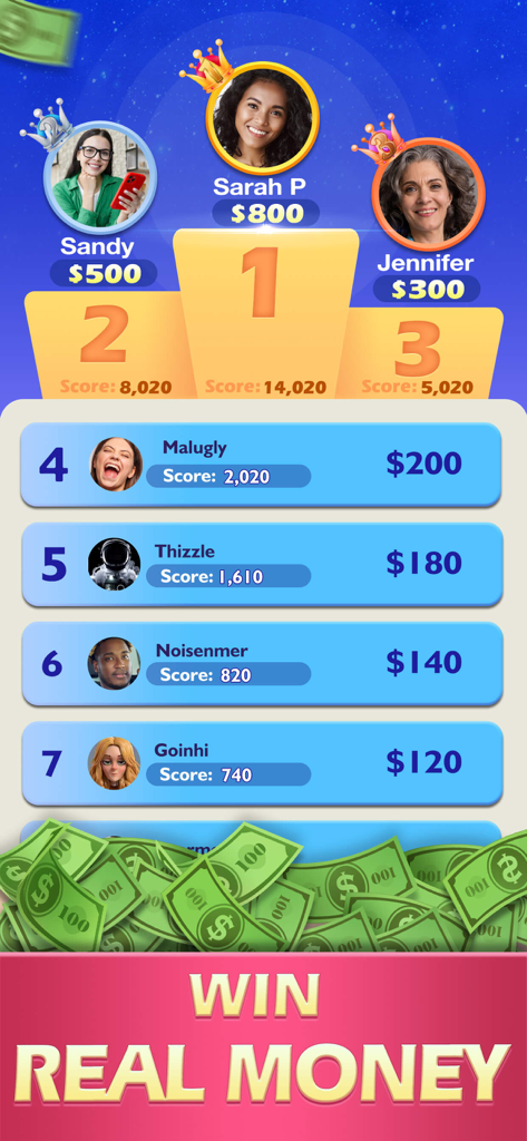 21 of Cash - Win Real Money - 21 of Cashアプリのリーダーボード。プレイヤーのランキングとリアルマネー賞金の獲得状況を表示。