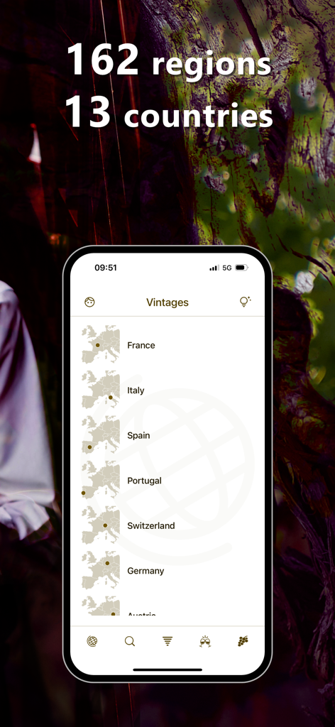 Wine Vintages Rating Guide app interface showing a list of wine countries and regions