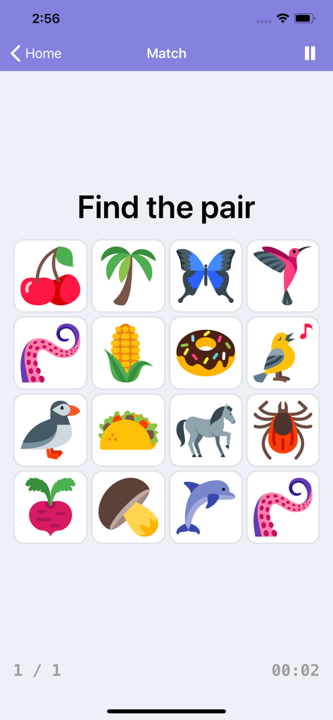 Captura de ecrã da aplicação Brainilis mostrando uma grelha de jogo de correspondência de memória com ícones coloridos de animais e comida e o texto Encontre o par