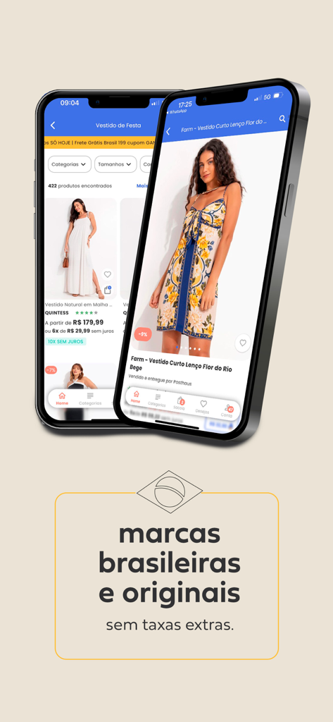 Posthaus - Due smartphone mostrano l'interfaccia dell'app di shopping Posthaus con marchi originali brasiliani e abiti.