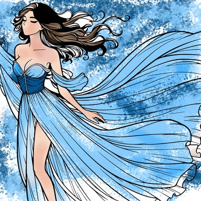 realistic woman in dress flowing the the wind