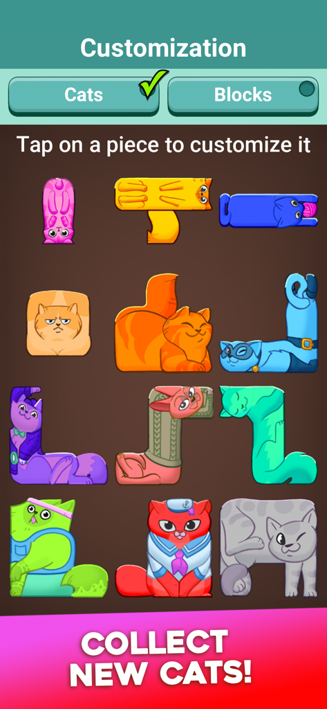 Puzzle Cats· - Customization screen in the Puzzle Cats app showing a variety of colorful cat-shaped blocks and costumes to collect