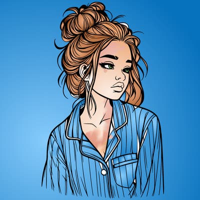 realistic woman with pajamas on and a messy bun