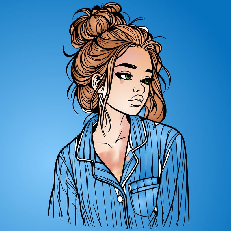 realistic woman with pajamas on and a messy bun