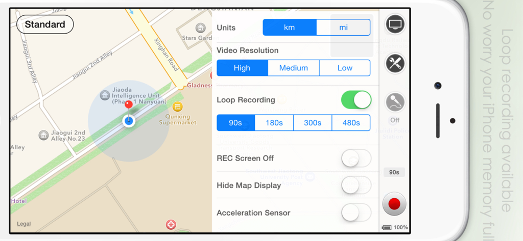 TripREC Driving Recorder - TripRECドライブレコーダーアプリのインターフェースで、iPhone上のループ録画設定とマップビューが表示されている様子