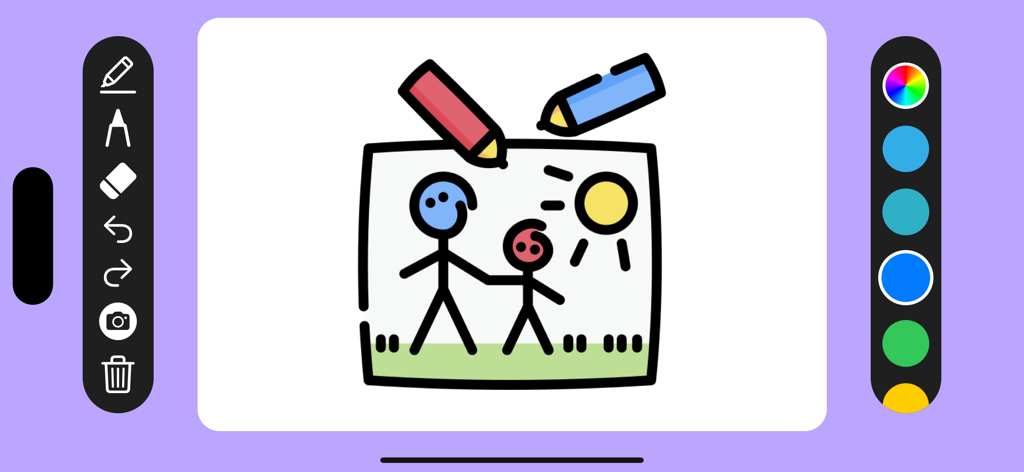 Doodle Joy - Draw, Sketch, Pad - Interface de dessin numérique de Doodle Joy montrant un croquis de bonhomme allumette et des outils artistiques colorés