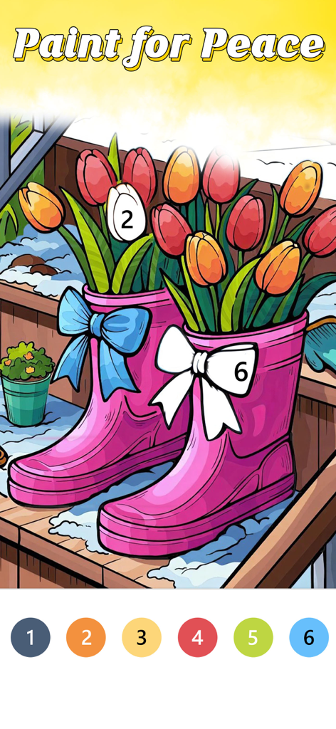 Ein Malen-nach-Zahlen-Spielbildschirm, der pinke Gummistiefel mit Tulpen und den Text "Paint for Peace" zeigt.