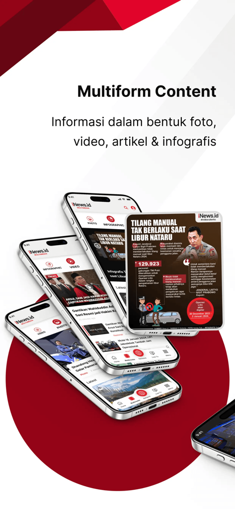 iNews mobile app interface showing multiform news content including photos videos and infographics