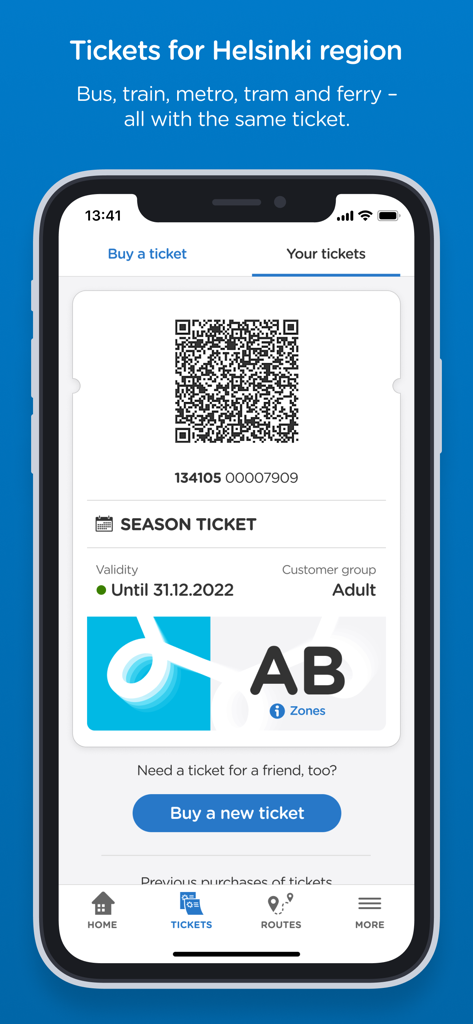 HSL app screen displaying a digital season ticket for Helsinki public transit with a QR code