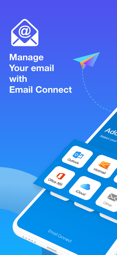 Mobile app interface showing options to connect Outlook Hotmail Office 365 and iCloud email accounts
