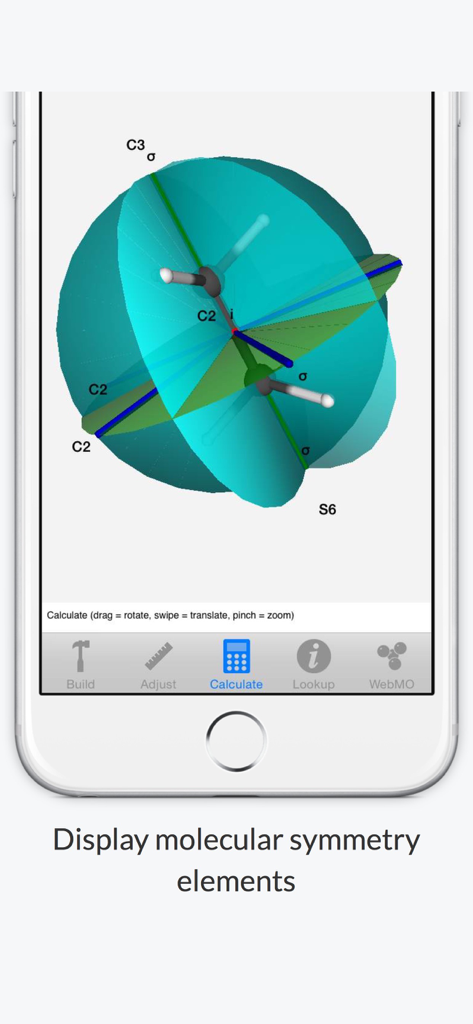 WebMO Molecule Editor - 모바일 장치에서 분자 대칭 요소(축 및 평면 포함)의 3D 시각화