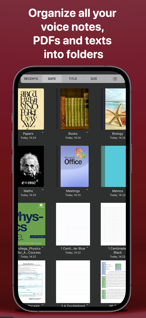 Aı Note Taker - Voice Notes - Una interfaz de aplicación móvil mostrando varias notas de voz, PDFs y documentos de texto organizados en carpetas.